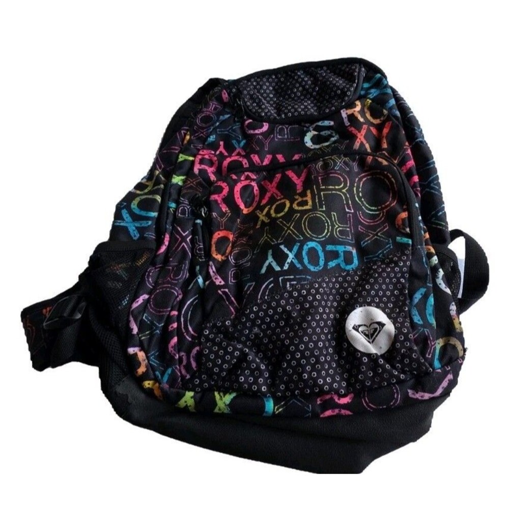 Vintage Roxy Backpack Blue Pink Yellow Letters Surfer